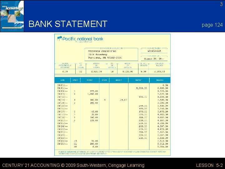 3 BANK STATEMENT CENTURY 21 ACCOUNTING © 2009 South-Western, Cengage Learning page 124 LESSON