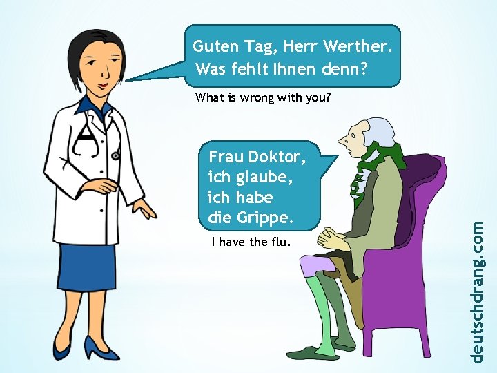 Guten Tag, Herr Werther. Was fehlt Ihnen denn? Frau Doktor, ich glaube, ich habe