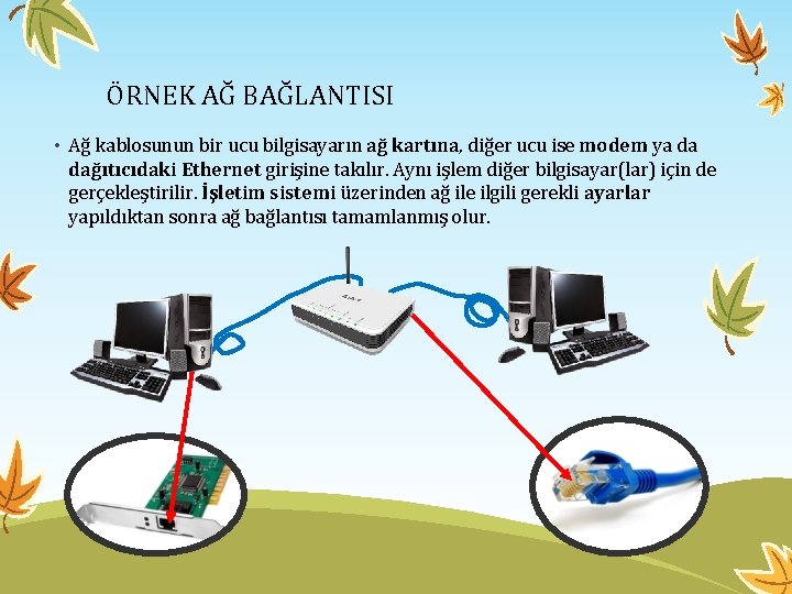 ÖRNEK AĞ BAĞLANTISI • Ağ kablosunun bir ucu bilgisayarın ağ kartına, diğer ucu ise