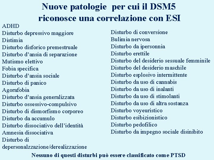 Nuove patologie per cui il DSM 5 riconosce una correlazione con ESI ADHD Disturbo