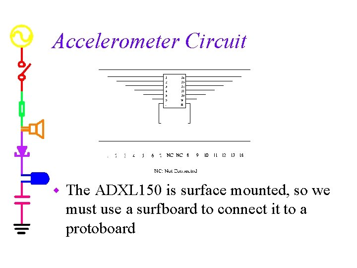 Accelerometer Circuit w The ADXL 150 is surface mounted, so we must use a