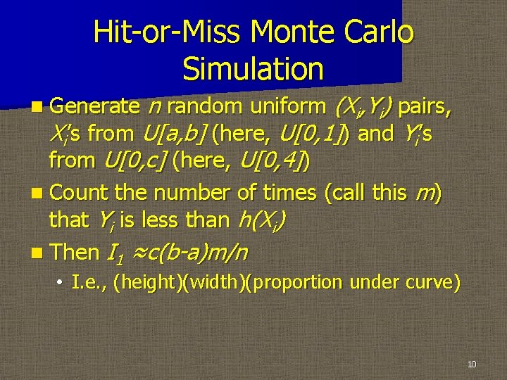 Hit-or-Miss Monte Carlo Simulation n random uniform (Xi, Yi) pairs, Xi’s from U[a, b]