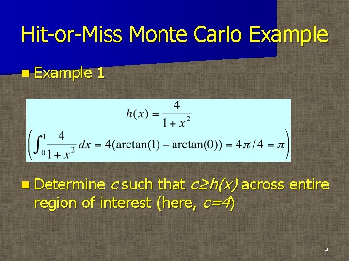 Hit-or-Miss Monte Carlo Example n Example 1 c such that c≥h(x) across entire region