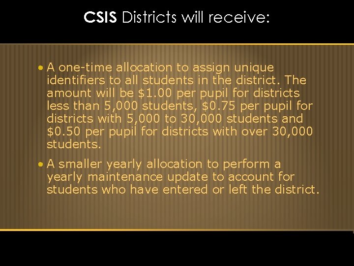 CSIS Districts will receive: • A one-time allocation to assign unique identifiers to all