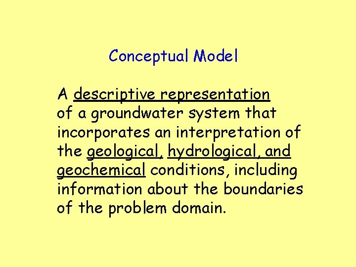 Conceptual Model A descriptive representation of a groundwater system that incorporates an interpretation of