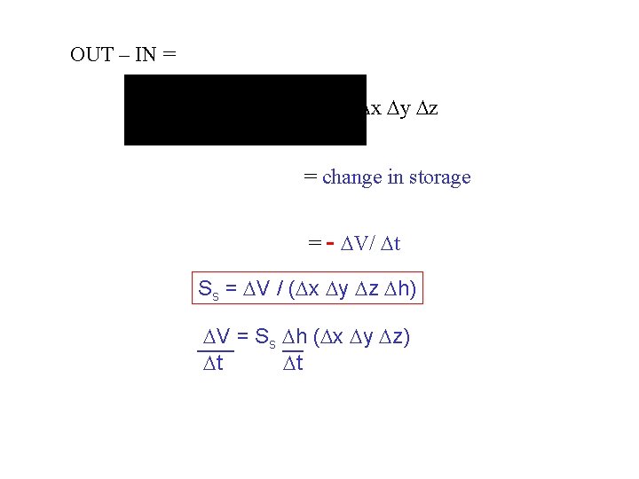 OUT – IN = x y z = change in storage = - V/