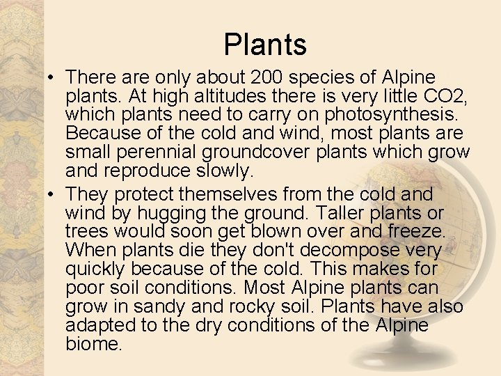 Plants • There are only about 200 species of Alpine plants. At high altitudes