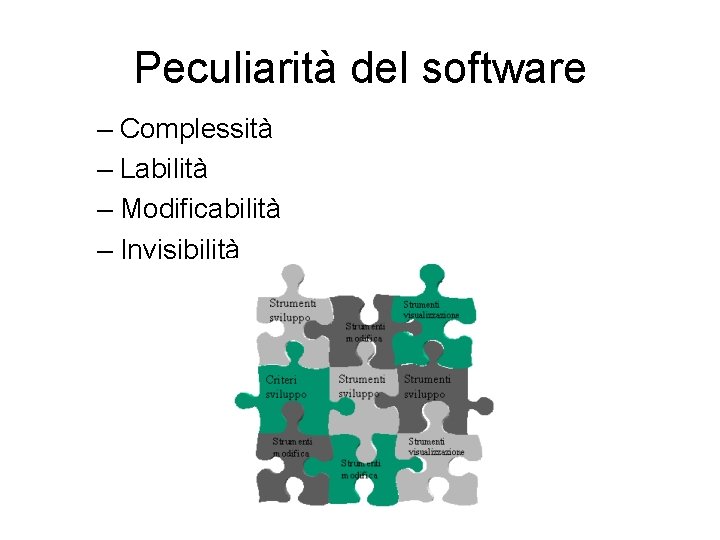 Peculiarità del software – Complessità – Labilità – Modificabilità – Invisibilità 