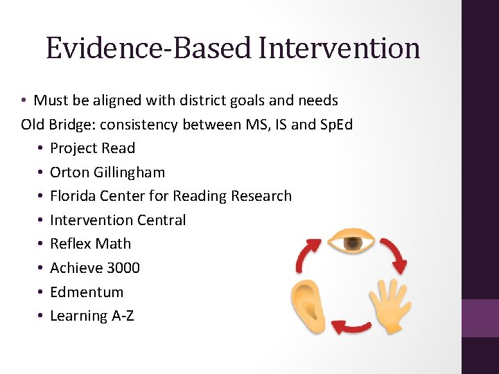 Evidence-Based Intervention • Must be aligned with district goals and needs Old Bridge: consistency