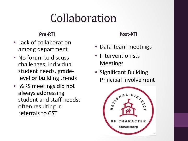 Collaboration Pre-RTI • Lack of collaboration among department • No forum to discuss challenges,