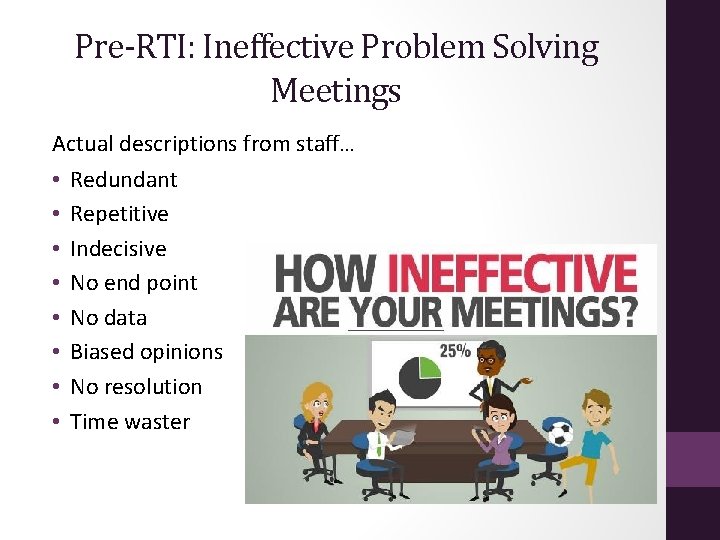 Pre-RTI: Ineffective Problem Solving Meetings Actual descriptions from staff… • Redundant • Repetitive •