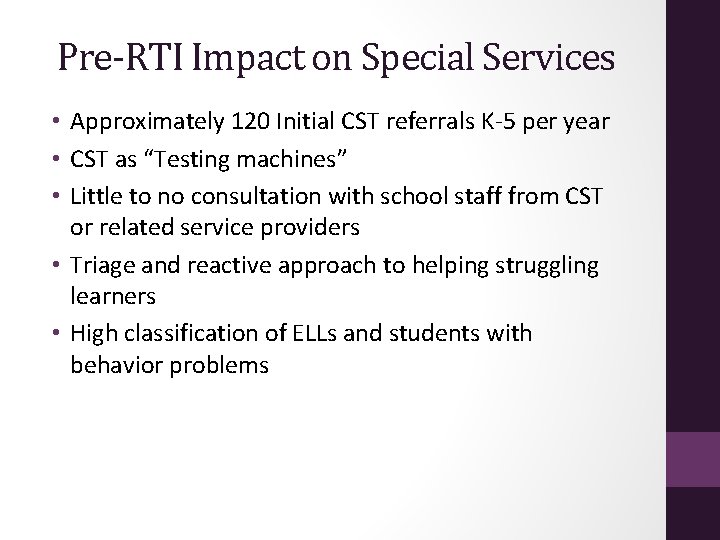 Pre-RTI Impact on Special Services • Approximately 120 Initial CST referrals K-5 per year