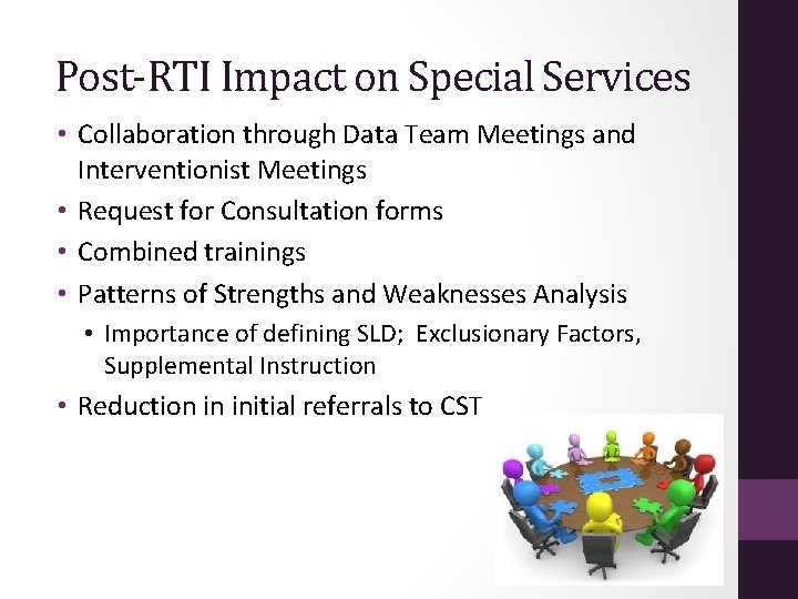 Post-RTI Impact on Special Services • Collaboration through Data Team Meetings and Interventionist Meetings