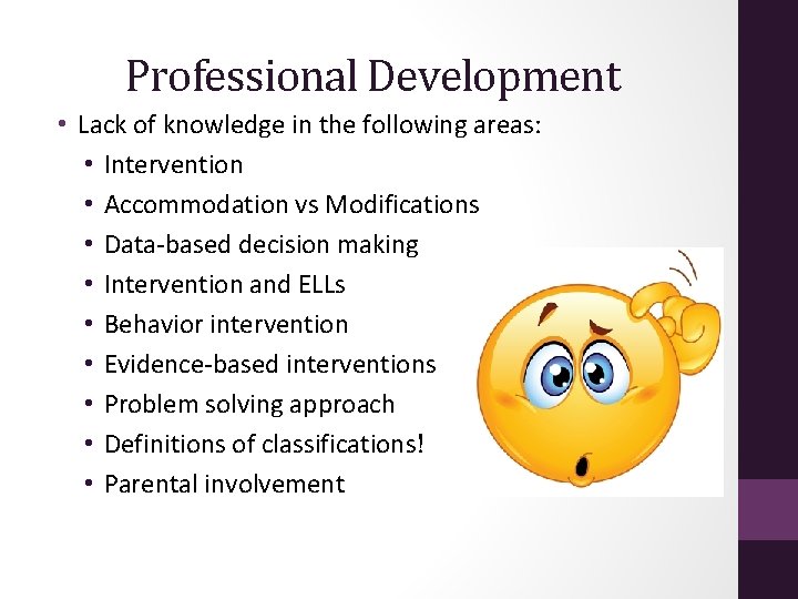 Professional Development • Lack of knowledge in the following areas: • Intervention • Accommodation