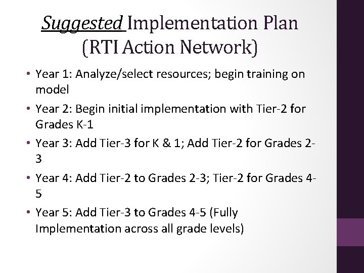 Suggested Implementation Plan (RTI Action Network) • Year 1: Analyze/select resources; begin training on