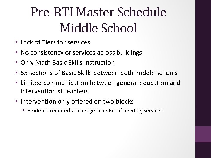 Pre-RTI Master Schedule Middle School Lack of Tiers for services No consistency of services