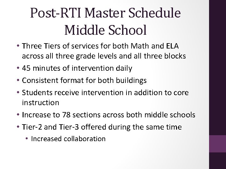 Post-RTI Master Schedule Middle School • Three Tiers of services for both Math and