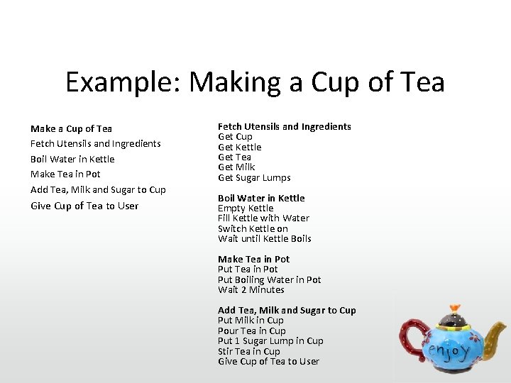 Example: Making a Cup of Tea Make a Cup of Tea Fetch Utensils and