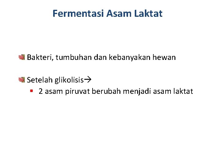 Fermentasi Asam Laktat Bakteri, tumbuhan dan kebanyakan hewan Setelah glikolisis § 2 asam piruvat