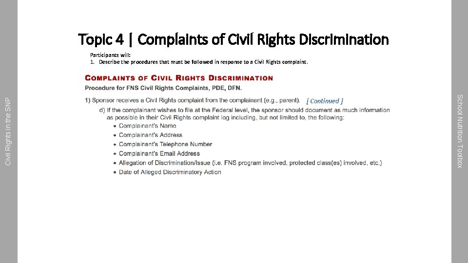 Topic 4 | Complaints of Civil Rights Discrimination [ Continued ] School Nutrition Toolbox