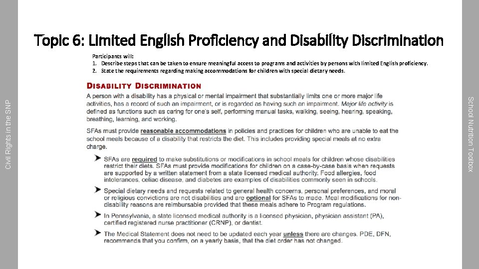 Topic 6: Limited English Proficiency and Disability Discrimination School Nutrition Toolbox Civil Rights in
