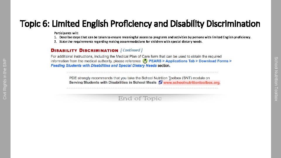 Topic 6: Limited English Proficiency and Disability Discrimination Participants will: 1. Describe steps that