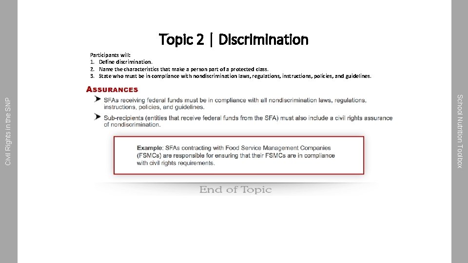 Topic 2 | Discrimination School Nutrition Toolbox Civil Rights in the SNP Participants will: