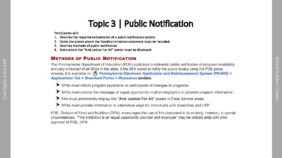 Topic 3 | Public Notification School Nutrition Toolbox Civil Rights in the SNP Participants