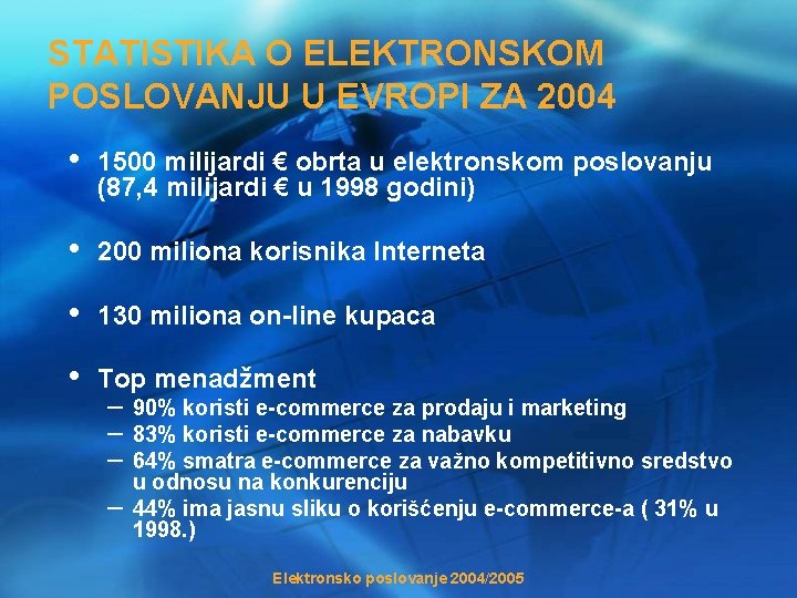 STATISTIKA O ELEKTRONSKOM POSLOVANJU U EVROPI ZA 2004 • 1500 milijardi € obrta u