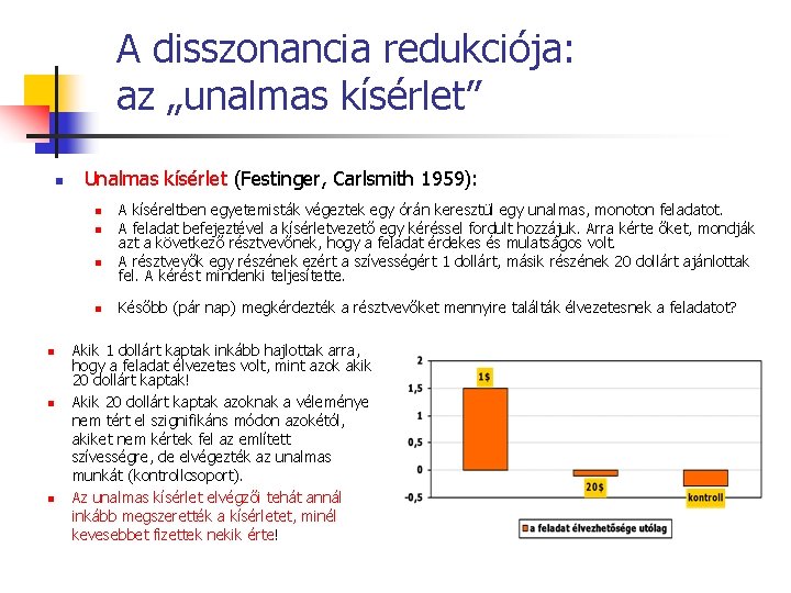 A disszonancia redukciója: az „unalmas kísérlet” n Unalmas kísérlet (Festinger, Carlsmith 1959): n n