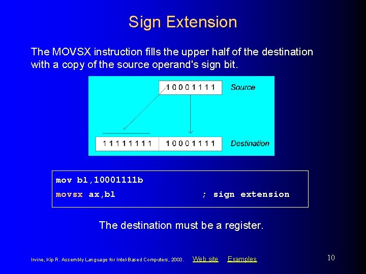 Sign Extension The MOVSX instruction fills the upper half of the destination with a