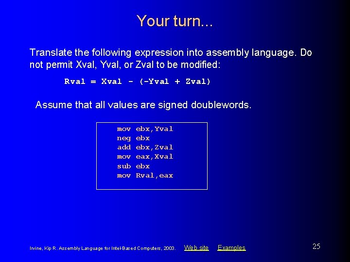 Your turn. . . Translate the following expression into assembly language. Do not permit