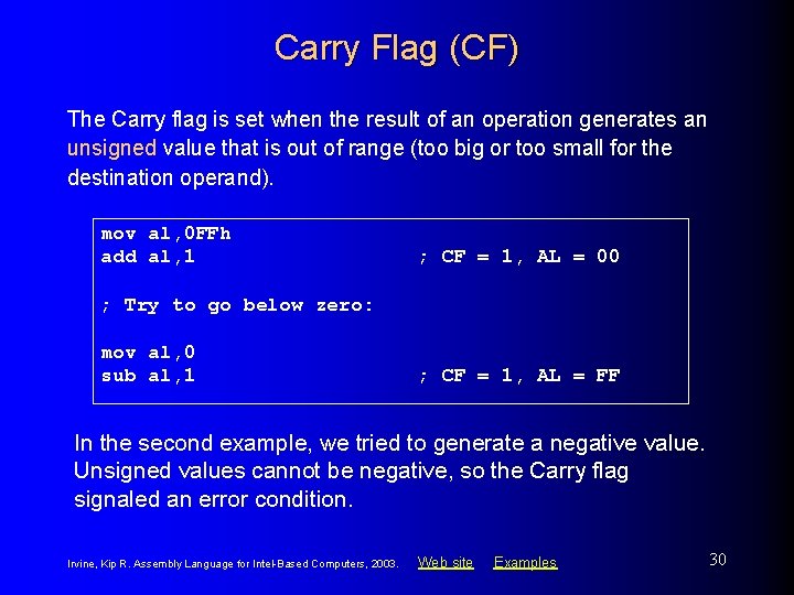 Carry Flag (CF) The Carry flag is set when the result of an operation