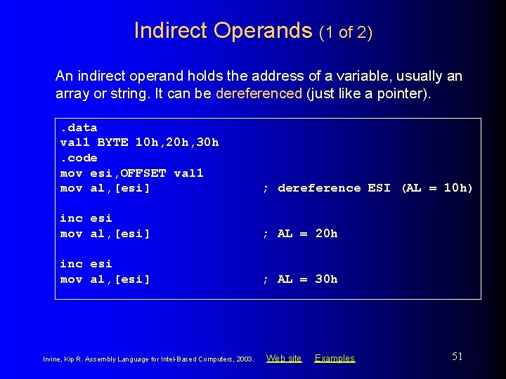 Indirect Operands (1 of 2) An indirect operand holds the address of a variable,