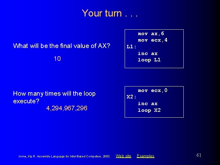 Your turn. . . What will be the final value of AX? mov ax,
