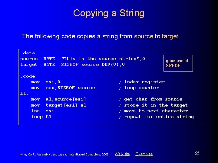 Copying a String The following code copies a string from source to target. .