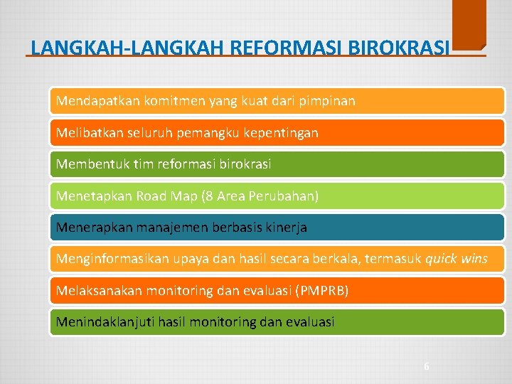 LANGKAH-LANGKAH REFORMASI BIROKRASI Mendapatkan komitmen yang kuat dari pimpinan Melibatkan seluruh pemangku kepentingan Membentuk