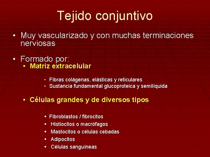 Tejido conjuntivo • Muy vascularizado y con muchas terminaciones nerviosas • Formado por: •