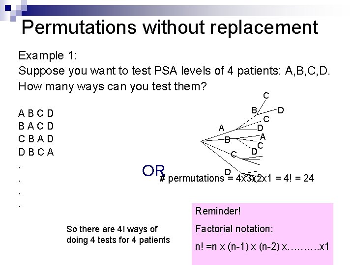 Permutations without replacement Example 1: Suppose you want to test PSA levels of 4