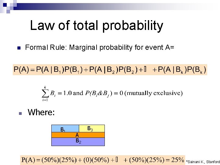 Law of total probability n n Formal Rule: Marginal probability for event A= Where: