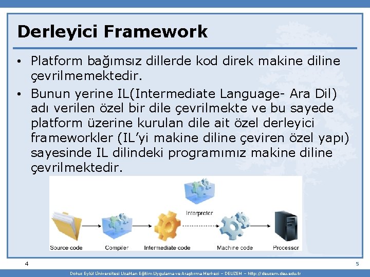 Derleyici Framework • Platform bağımsız dillerde kod direk makine diline çevrilmemektedir. • Bunun yerine