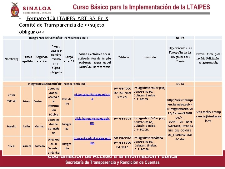  • Formato 10 b LTAIPES_ART_95_Fr_X Comité de Transparencia de <<sujeto obligado>> Integrantes del