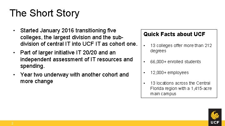 The Short Story • Started January 2016 transitioning five Quick Facts about UCF colleges,