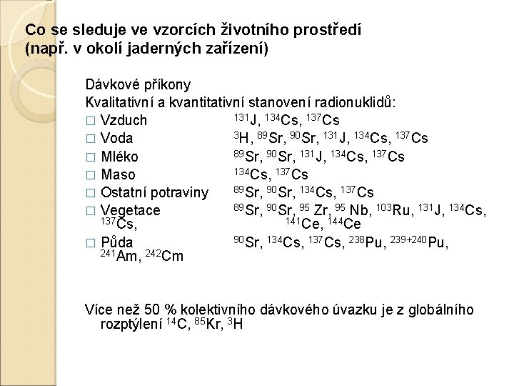 Co se sleduje ve vzorcích životního prostředí (např. v okolí jaderných zařízení) Dávkové příkony