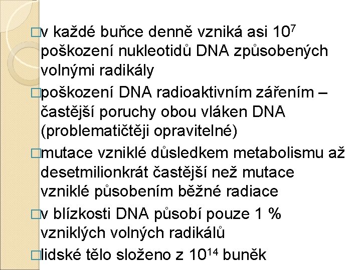 �v každé buňce denně vzniká asi 107 poškození nukleotidů DNA způsobených volnými radikály �poškození