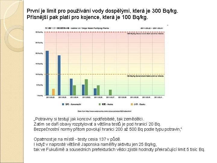 První je limit pro používání vody dospělými, která je 300 Bq/kg. Přísnější pak platí