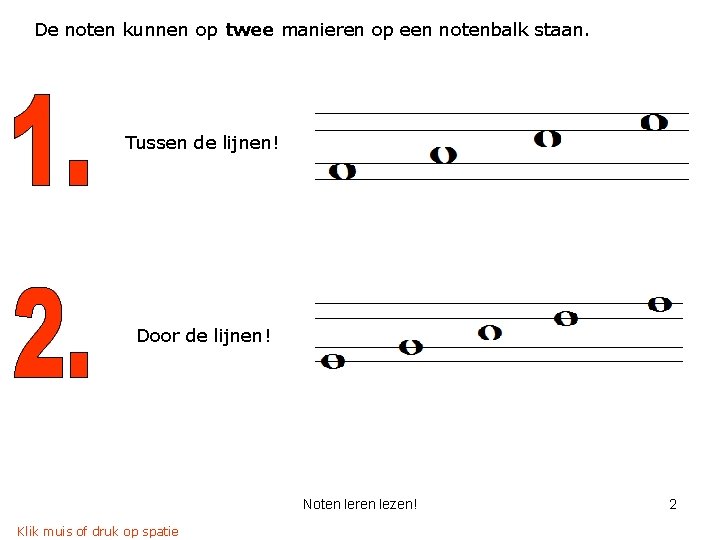 De noten kunnen op twee manieren op een notenbalk staan. Tussen de lijnen! Door