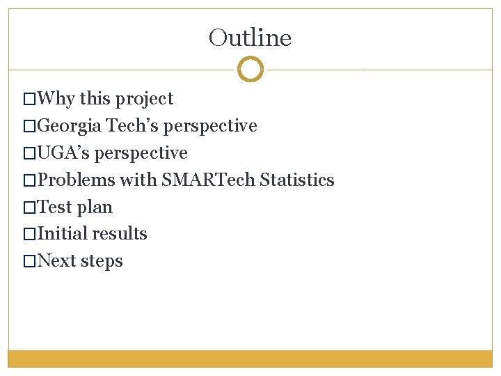 Outline �Why this project �Georgia Tech’s perspective �UGA’s perspective �Problems with SMARTech Statistics �Test