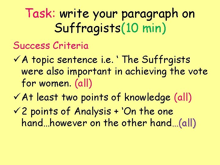Task: write your paragraph on Suffragists(10 min) Success Criteria ü A topic sentence i.