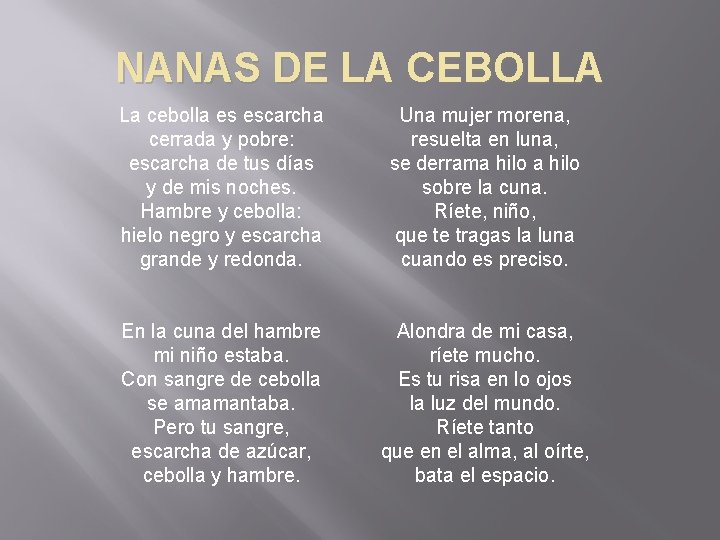 NANAS DE LA CEBOLLA La cebolla es escarcha cerrada y pobre: escarcha de tus